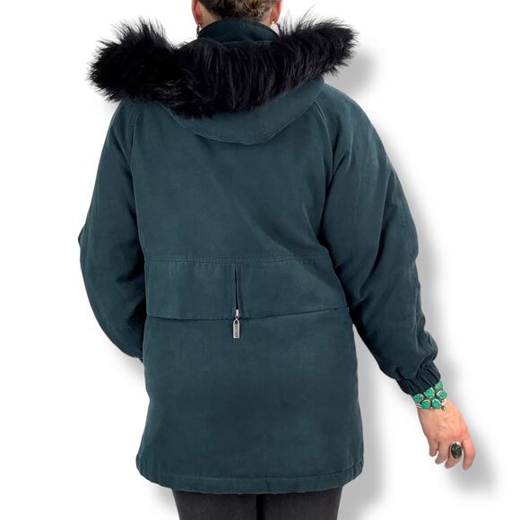 Vintage 90's deep cyan microsuede water repellant coat with fox fur trim hood - Picture 9 of 16